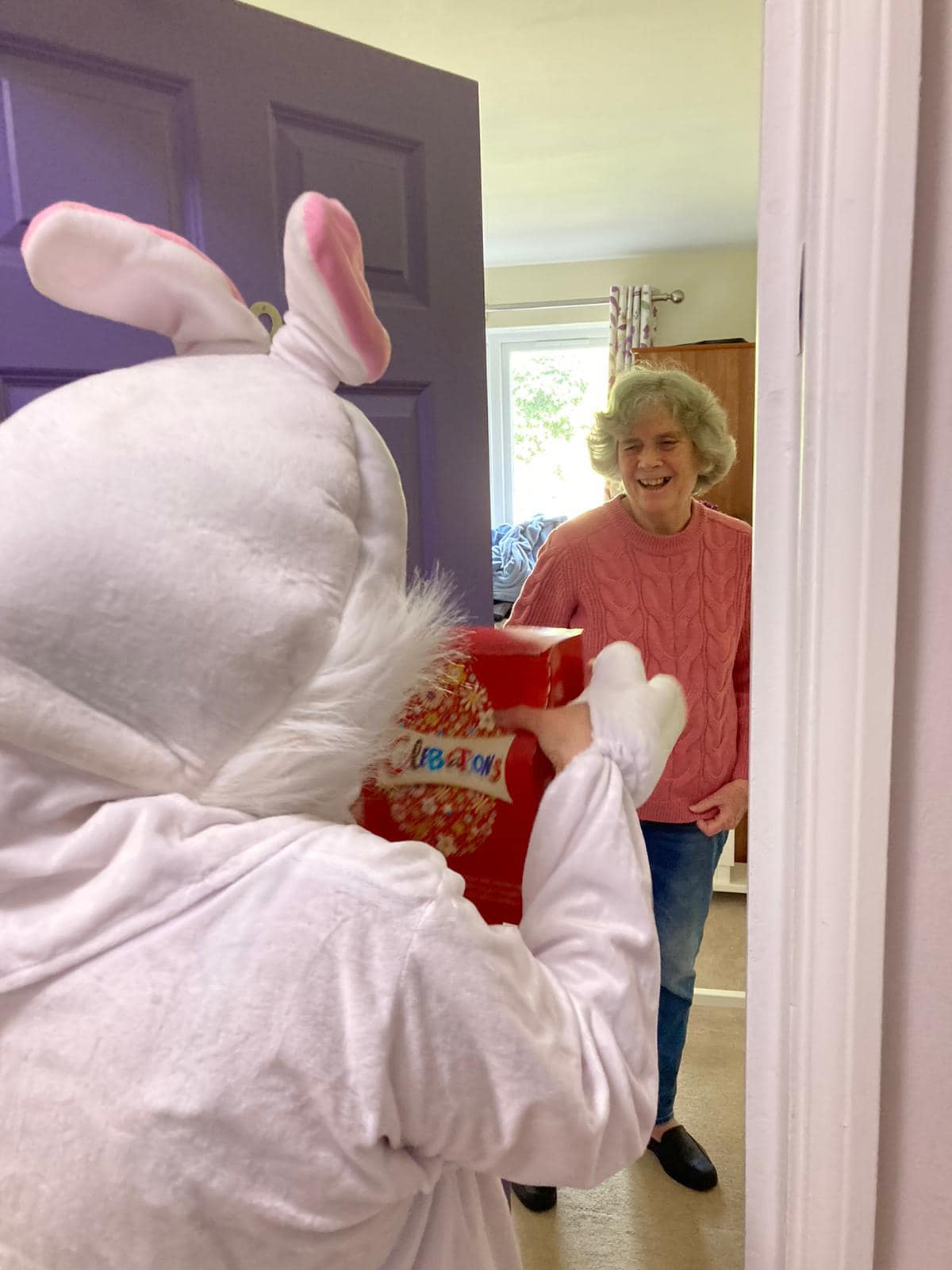 Brendoncare Easter Bunny with chocolates for resident